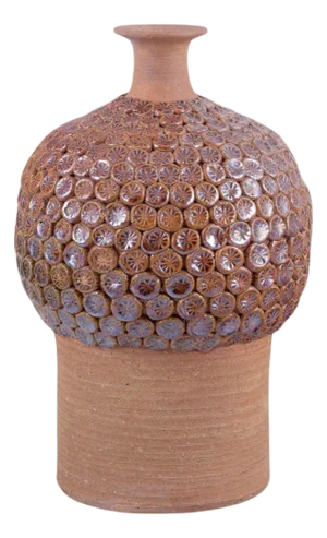 Vintage Swedish Clay Vase with Flower Buds in Relief from Rolf Fagerberg, 1970s