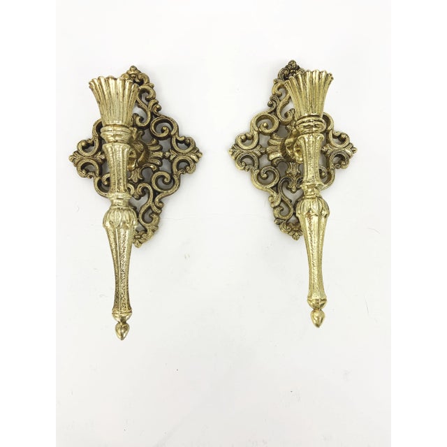 Vintage Pair of Metal Cast Iron Candle Holders Gold Sconces For Sale - Image 9 of 9