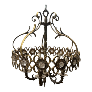 Vintage Cast Metal Round Hanging Chandelier Light Fixture With Prisms