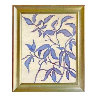 Original Botanical Leaf Painting in Brushed Gold Frame, Oil on Canvas, 15" X 19" by Tatiana Duperault For Sale