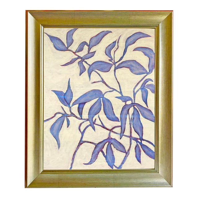 Original Botanical Leaf Painting in Brushed Gold Frame, Oil on Canvas, 15" X 19" by Tatiana Duperault For Sale