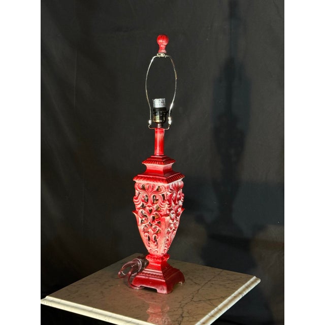 Spanish Revival Decorative Red Carved Openwork Table Lamp Base, 28" For Sale - Image 3 of 5