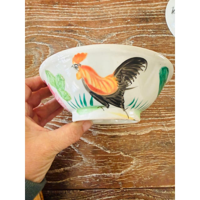 Vintage Chinese Hand-Painted Rooster Bowls - Set of 6 For Sale - Image 4 of 12