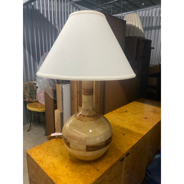 Large Palm Frond Veneered Lamp with a heavy lacquer finish in the style of Karl Springer or Maitland Smith. Made in the...