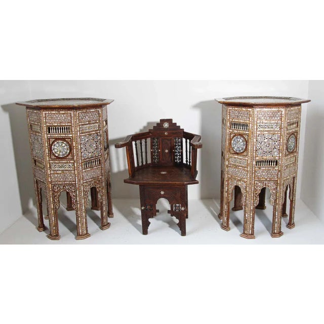 Linen Moorish Middle Eastern Large Pedestal Tables Inlaid with Shell, 19th Century - a Pair For Sale - Image 8 of 13