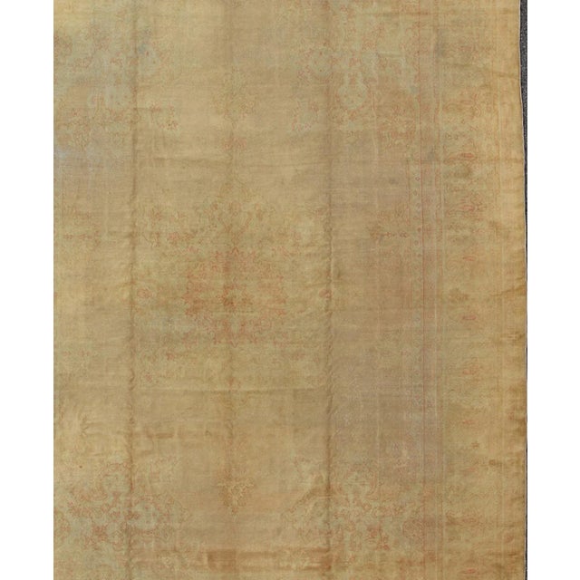 Traditional Light Colors Antique Borlu Oushak Fine Rug in Buttery Yellow, Salmon and Green For Sale - Image 3 of 11