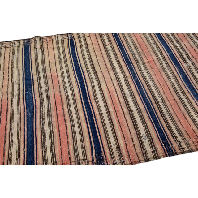 Textile Peach Vintage Kilim Handmade Flatweave Striped Wool Runner For Sale - Image 7 of 10