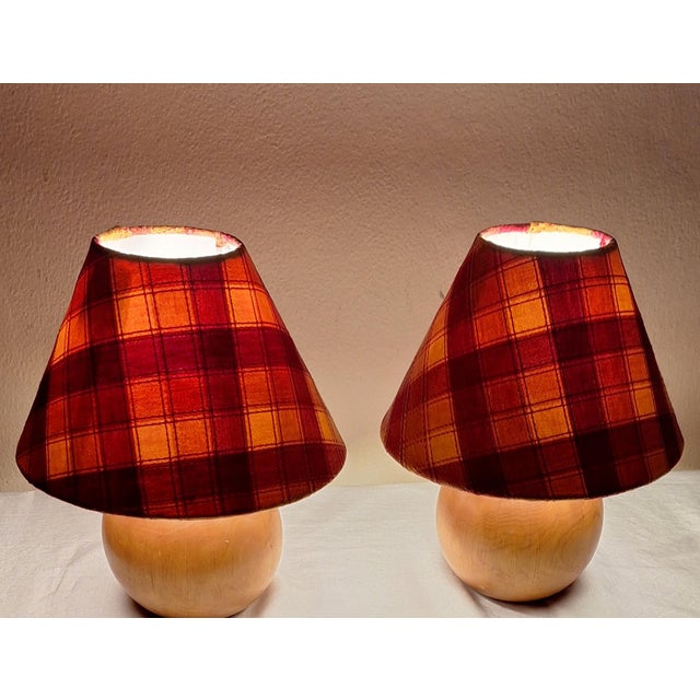 Vintage Round Yew Wood Table Lamps with Handmade Fabric Shade, 1980s, Set of 2 For Sale - Image 3 of 10