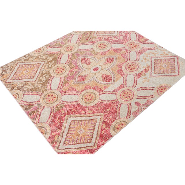 Rug & Kilim Rug & Kilim’s Modern Distressed Rug With Red, Green, Gold, White Trellises For Sale - Image 4 of 7