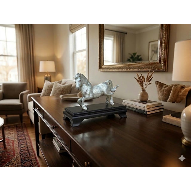 Galloping Metal Silver Color Painted Horse Figure W Case For Sale - Image 11 of 12