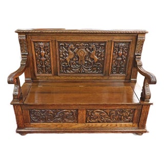 Late 19th Century English Victorian Oak Hall Seat Settee Bench For Sale