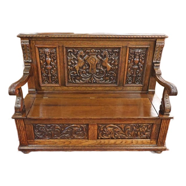 Late 19th Century English Victorian Oak Hall Seat Settee Bench For Sale