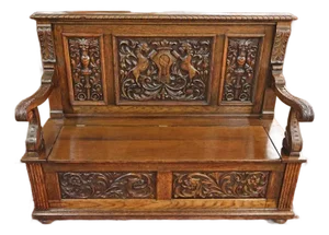 Late 19th Century English Victorian Oak Hall Seat Settee Bench