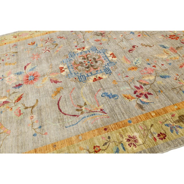 Gray Hand-Knotted Modern Chinese Botanical Wool Area Rug - Slate Grey & Marigold For Sale - Image 8 of 11
