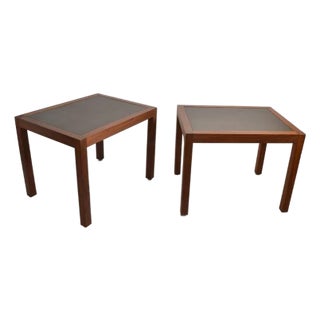 Pair 1970s Marden Walnut & Leather Mid-Century Modern Parson Style Side Tables For Sale