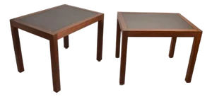 Pair 1970s Marden Walnut & Leather Mid-Century Modern Parson Style Side Tables