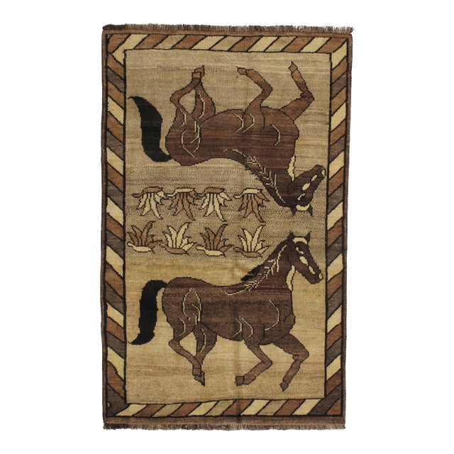 Persian Hand-Knotted Gabbeh Rug With Stylized Horse Motifs 3'4" X 5'3" For Sale