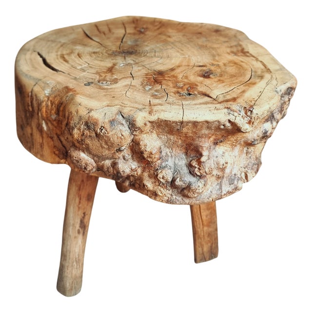 Brutalist French Burled Cherrywood Stool Primitive Milking Stool, 1890s For Sale
