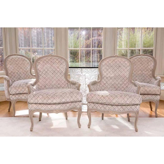Louis XV Style, Arm / Bergere Chairs, Grey Painted Wood, Fabric, France Set of Four Arm Chairs, two earlier 1890s and two...