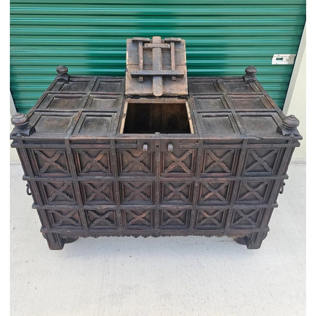 Monumental 19th Century India Iron Strapped Teakwood Damchiya Dowry Chest For Sale - Image 4 of 12