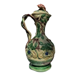 19th Century, Faux Bois Majolica Ewer W/ Acorn & Foliate Design