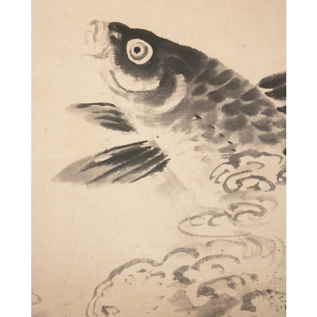 "Carp Leaping", Early Showa Era Japanese Monochrome Scroll Painting For Sale In Dallas - Image 6 of 15