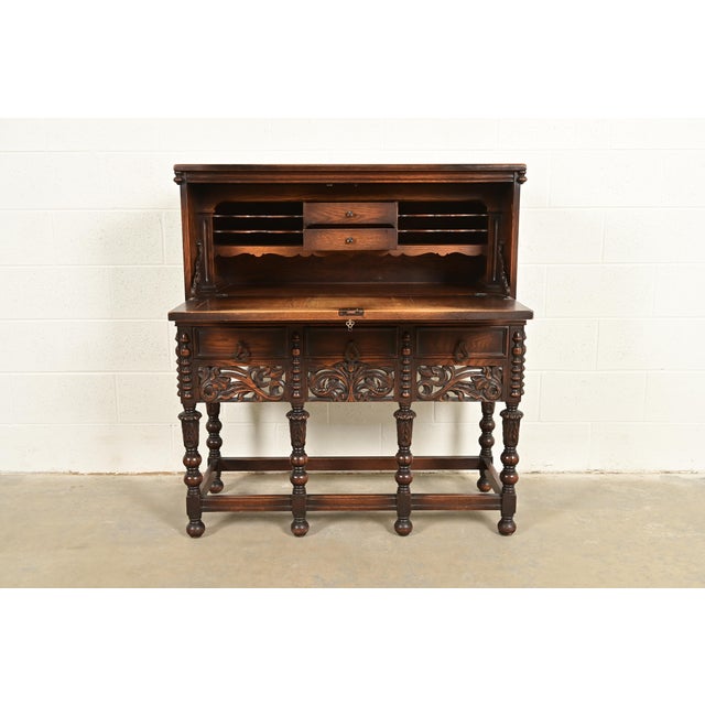 1920s Lifetime Furniture Antique English Jacobean Carved Oak Drop Front Secretary Desk, Circa 1920s For Sale - Image 5 of 16