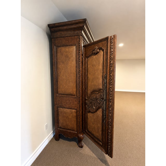 Traditional Monumental Carved Wood Home Bar Armoire With Mirrored Interior, Wine Storage & Mini Fridge For Sale - Image 3 of 14