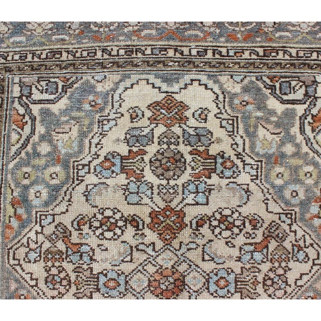 Antique Persian Malayer Rug With Soft Blue, Ivory, and Brown Geometric Medallion Design For Sale - Image 9 of 12