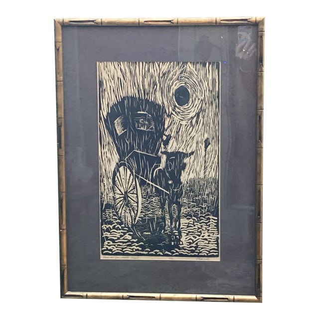 Late 20th Century Original Linocut Print 27/50 Rain on Dougherty Street by E. Rideout Signed in Pencil For Sale