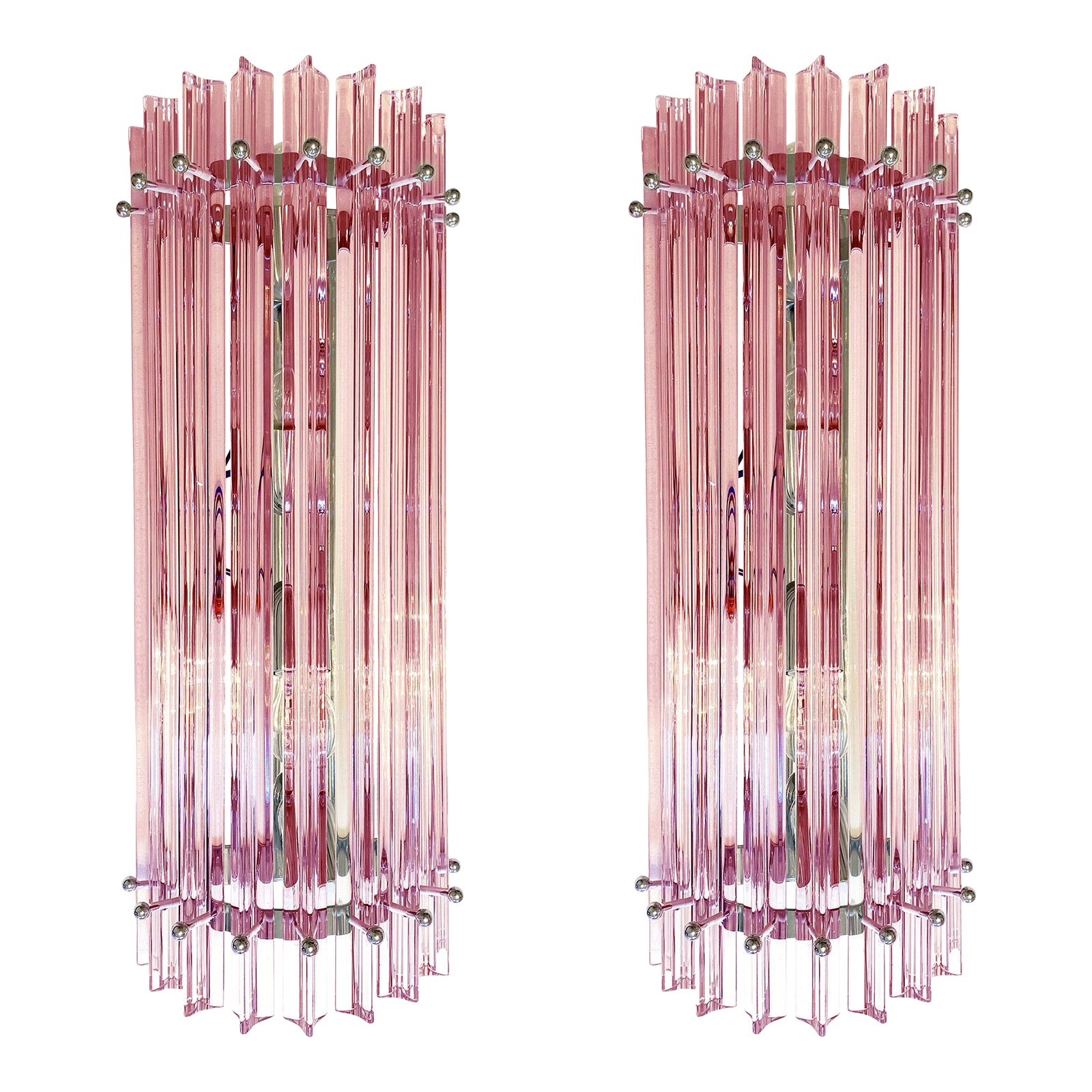 Set of Two Scenographic Pink Triedro Murano Glass Wall Sconces | Chairish