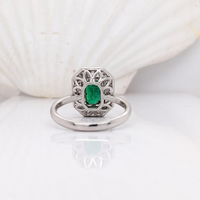 Green Emerald Cut Zambian Emerald Diamond Double Halo Ring: Solid 14k Gold, 7x4mm, Size 6.75 For Sale - Image 8 of 9