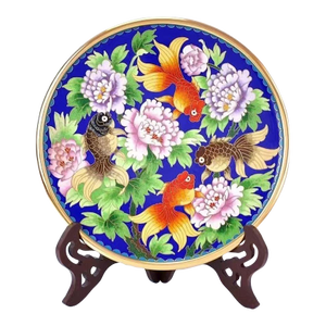Vintage Chinese Cloisonné Charger | Koi Fish & Peony Motif With Stand and Gift Box