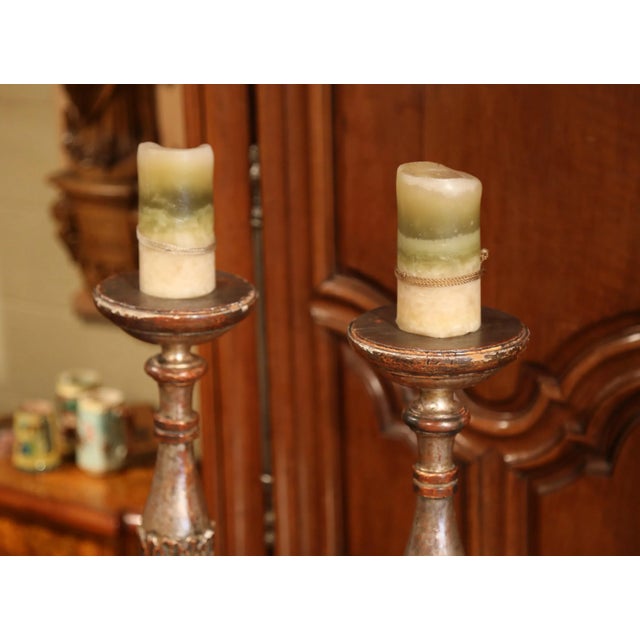 Pair of 19th Century Italian Carved Silver Leaf Pricket Candlesticks For Sale In Dallas - Image 6 of 11