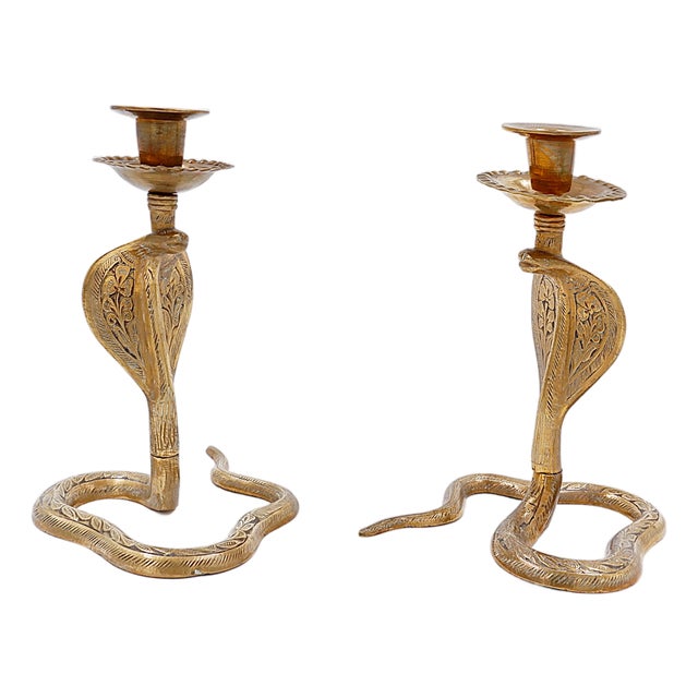 Engraved Brass Cobra Candlesticks, 1960s, Set of 2 For Sale