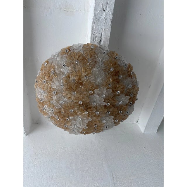 Mid-Century Modern Big Amber Clear Barovier & Toso Midcentury Murano Flowers Flush Mount Chandelier For Sale - Image 3 of 8