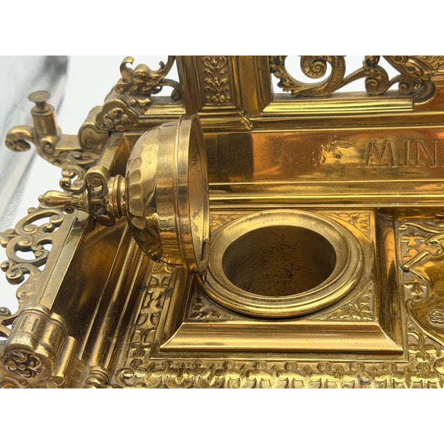 Late 19th Century Ornate Neoclassical Style Brass Double Inkwell Desk Set - "Minerva" & "Medusa" For Sale - Image 9 of 16