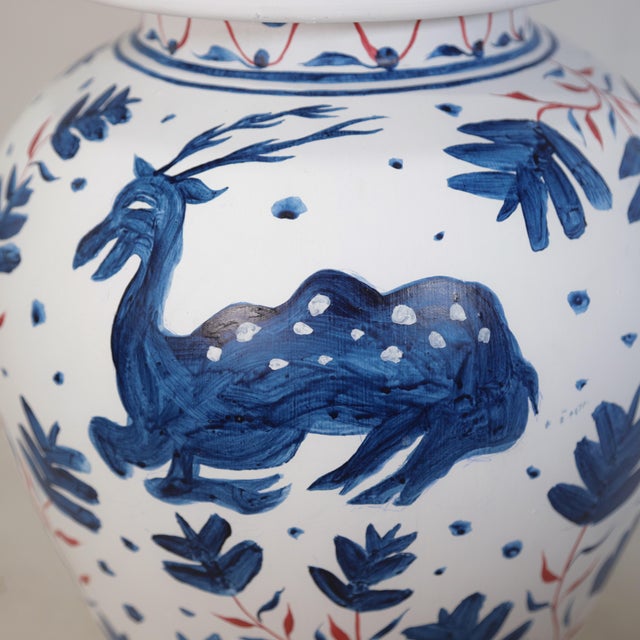 Pair of Vintage Brunschwig & Fils Cadiz Table Lamps With Lid - Blue and White Ceramic With Boar and Deer Motif For Sale - Image 17 of 18