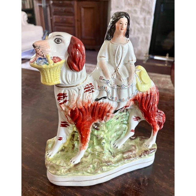 Ceramic 19th Century Antique English Staffordshire Girl Riding Spaniel Dog Figurine For Sale - Image 7 of 18