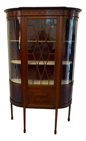 Antique Edwardian Mahogany Inlaid Bow-Ended Display Cabinet, 1900