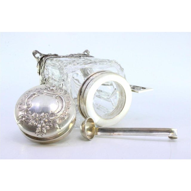 Silver and Glass Compote Dish with Floral Motifs, Lid with Monogram Plaque and Openwork Feet For Sale - Image 3 of 8