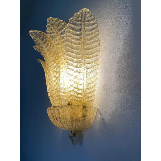 2020s Set of Four Venetian Gold Graniglia “Leaf” Murano Glass Wall Sconces For Sale - Image 5 of 9