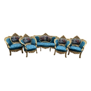 1900s French Louis XVI Blue/Green Velvet Beech Sofa Set 5pc For Sale