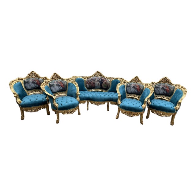 1900s French Louis XVI Blue/Green Velvet Beech Sofa Set 5pc For Sale