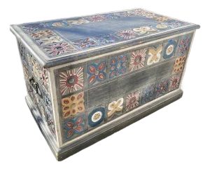 Vintage Mexican Folk Art Polychrome Carved Wooden Storage Baúl (36")