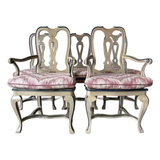 1970s Palm Beach Queen Anne–Style Carved Wood & Cane Dining Chairs — Set of 5 For Sale