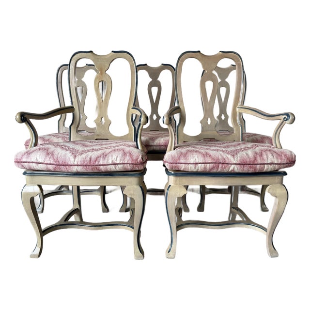 1970s Palm Beach Queen Anne–Style Carved Wood & Cane Dining Chairs — Set of 5 For Sale