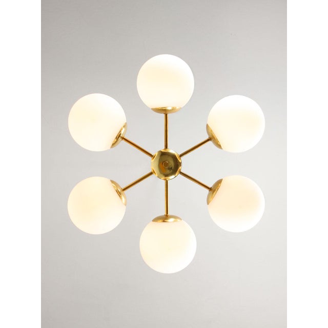 Vintage Italian Six-Arm Sputnik Chandelier with Opaline Shades For Sale - Image 10 of 18