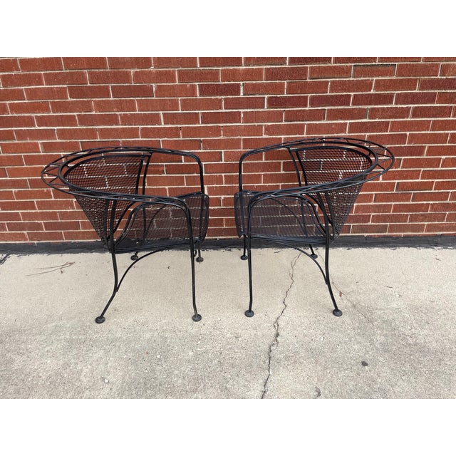Set of 2 matching Mid Century Modern Attributed to Woodard Hand-formed Wrought Iron Chairs Classic Barrel back Diamond...