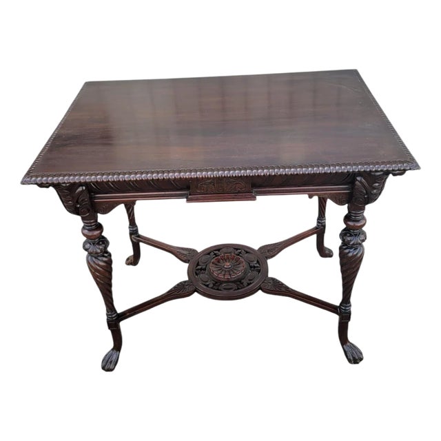 19th C Carved Mahogany Barley Twist Center Table W/ Paw Feet For Sale